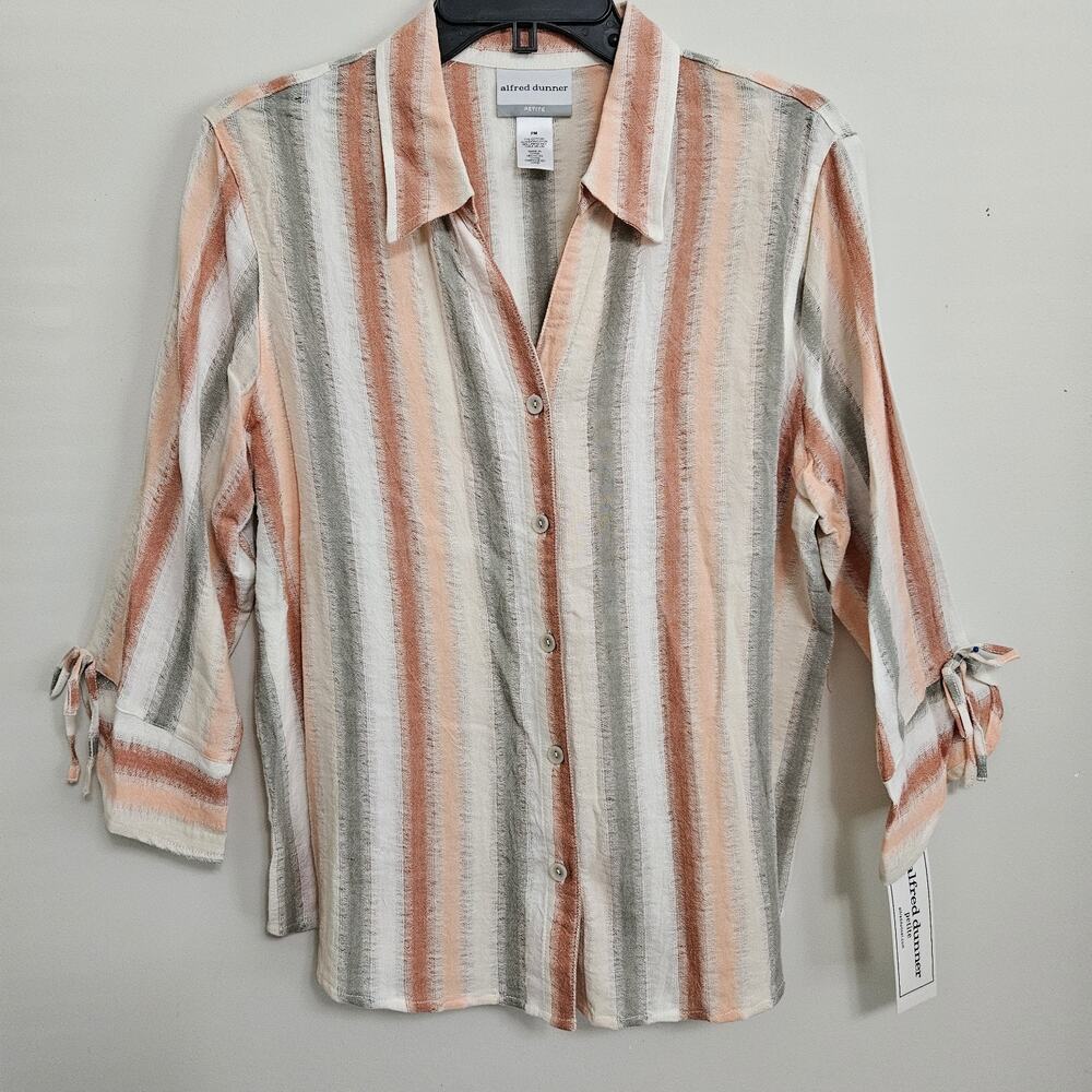 Alfred Dunner Blouse Button Up Shirt Size PM Green Orange Cream Striped NWT